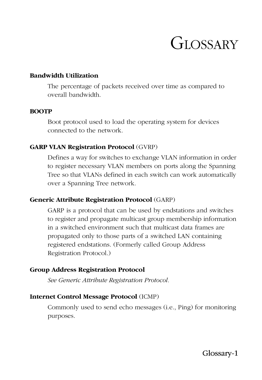 SMC Networks SMC6924VF manual Glossary-1, Bandwidth Utilization, Bootp, GARP VLAN Registration Protocol GVRP 