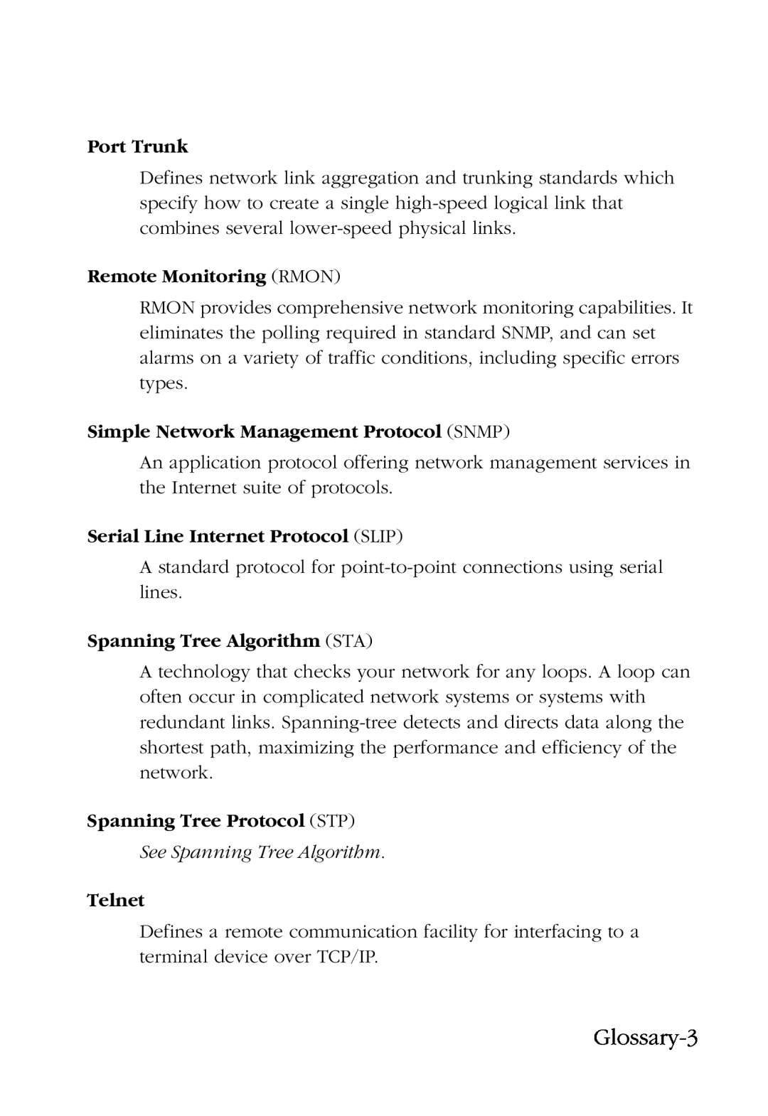 SMC Networks SMC6924VF Glossary-3, Port Trunk, Remote Monitoring RMON, Simple Network Management Protocol SNMP, Telnet 