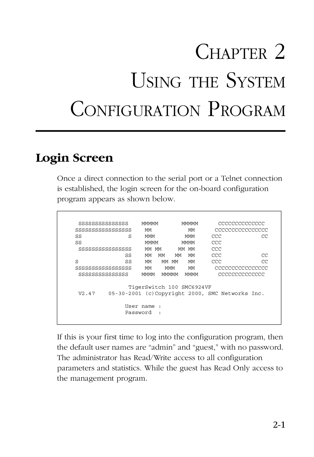 SMC Networks SMC6924VF manual Chapter Using The System Configuration Program, Login Screen 