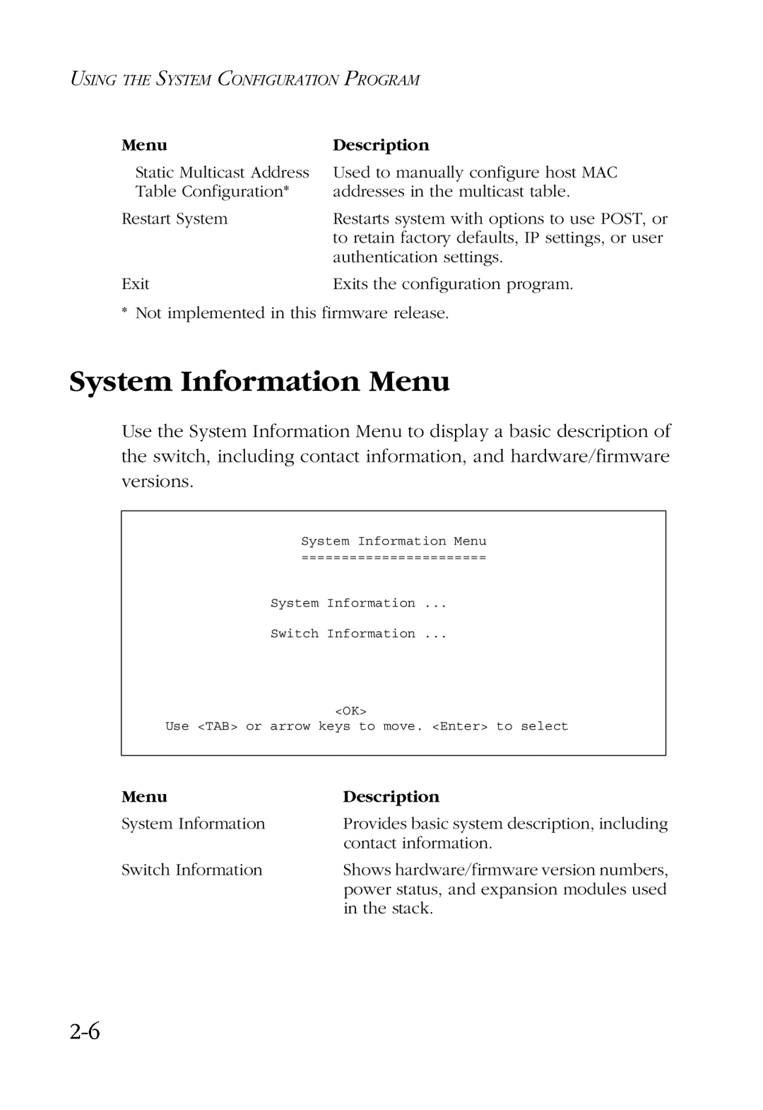 SMC Networks SMC6924VF manual System Information Menu ======================= System Information 