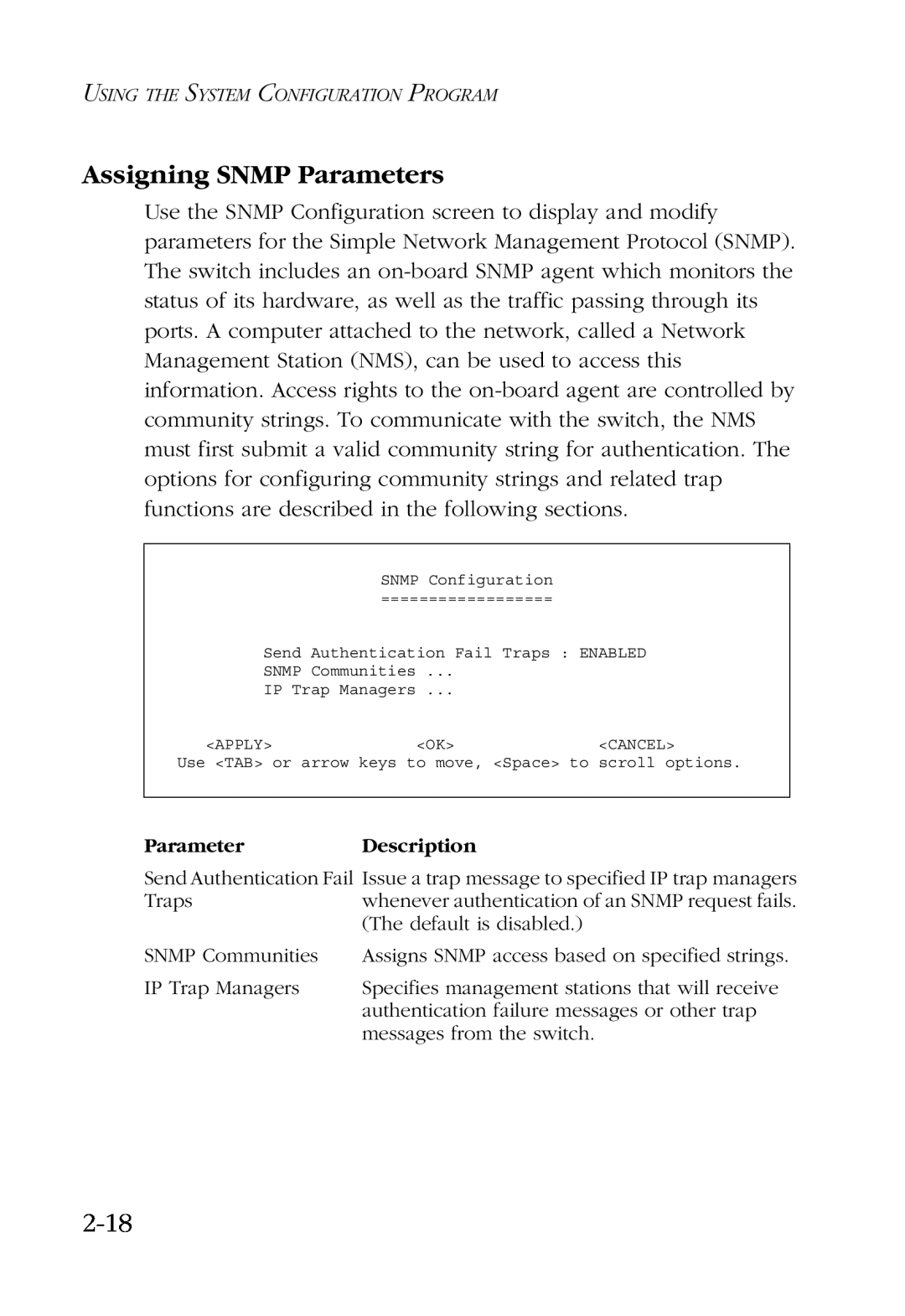 SMC Networks SMC6924VF manual Assigning SNMP Parameters, 2-18, ParameterDescription 