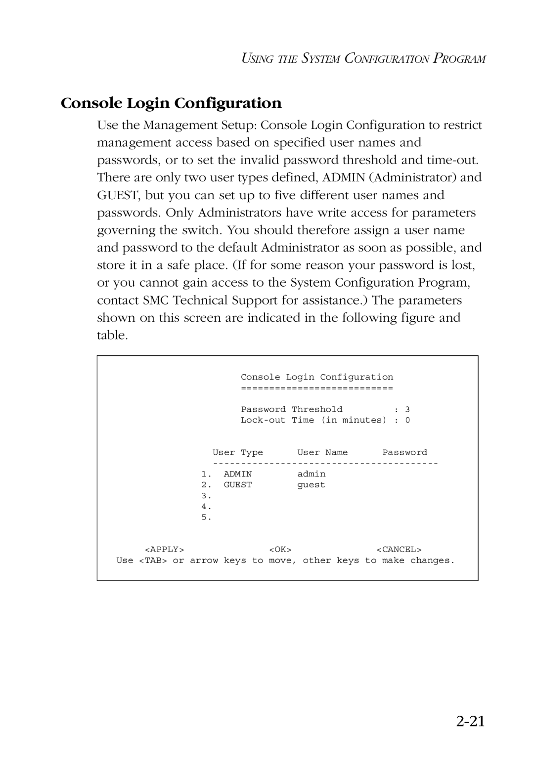 SMC Networks SMC6924VF manual Console Login Configuration, 2-21 