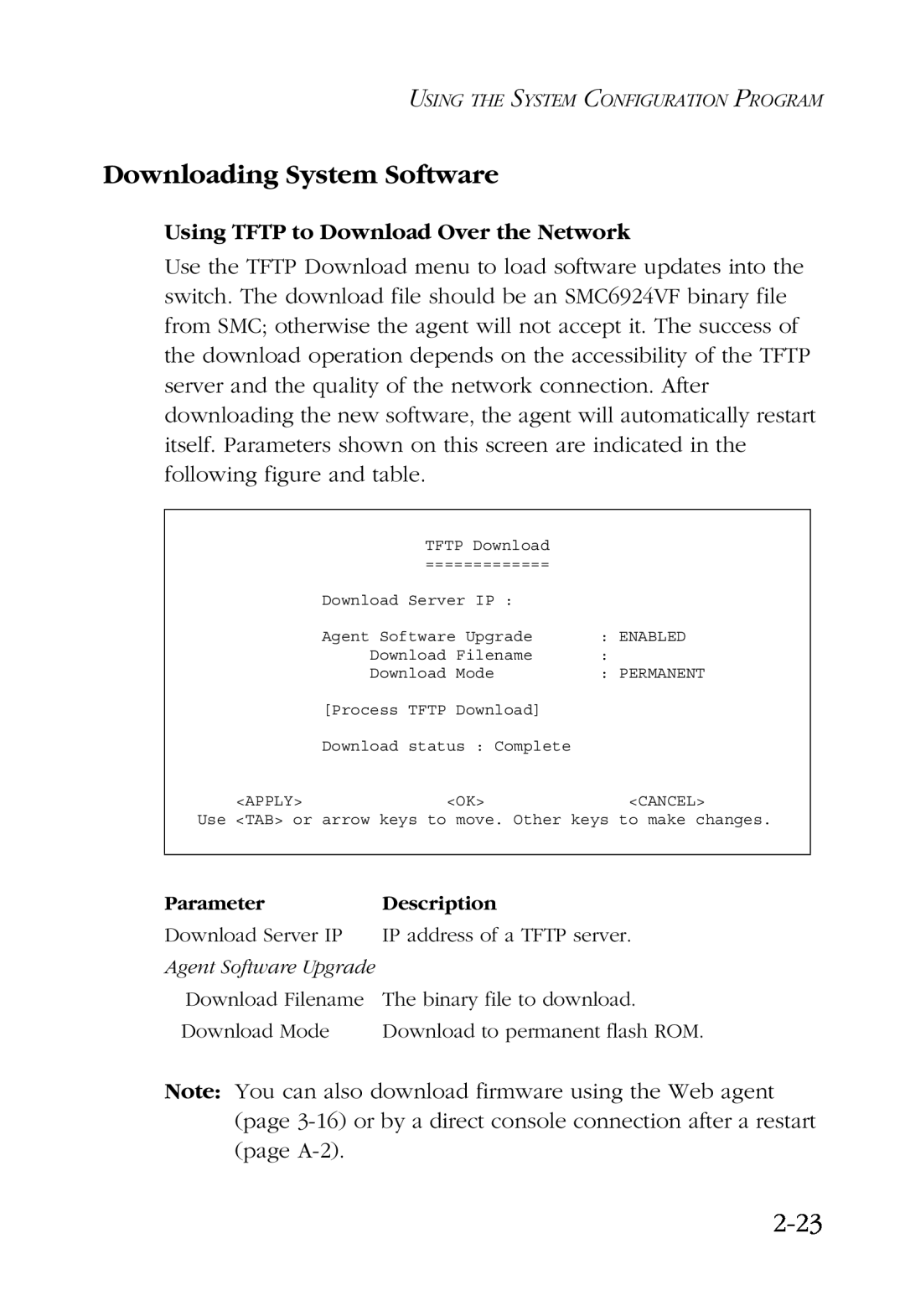 SMC Networks SMC6924VF manual Downloading System Software, 2-23, Using TFTP to Download Over the Network 