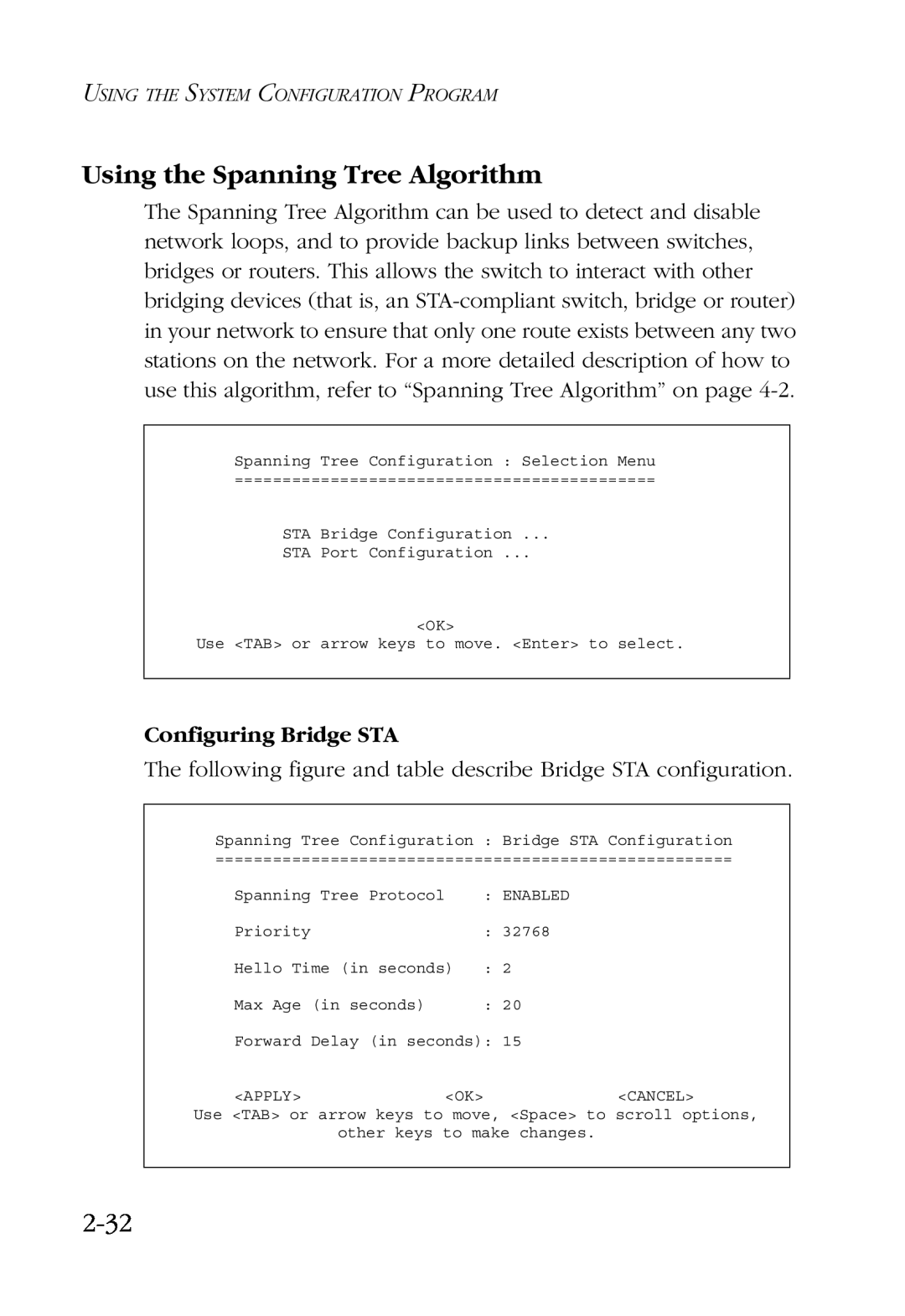 SMC Networks SMC6924VF manual Using the Spanning Tree Algorithm, 2-32, Configuring Bridge STA 