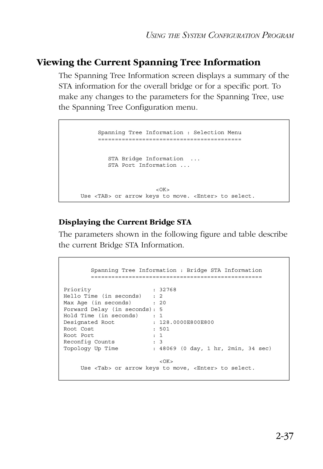 SMC Networks SMC6924VF manual Viewing the Current Spanning Tree Information, 2-37, Displaying the Current Bridge STA 