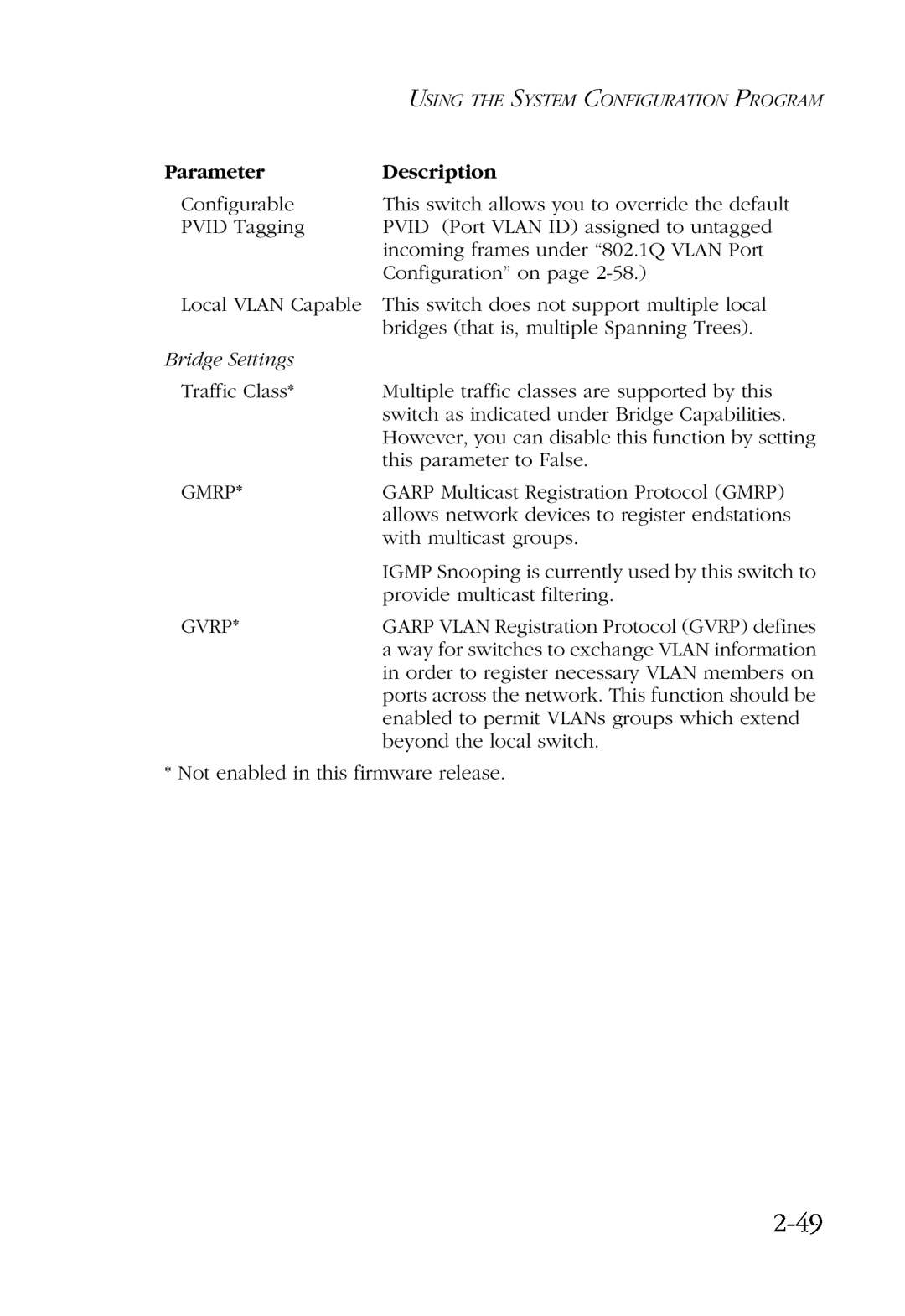 SMC Networks SMC6924VF manual 2-49, Parameter, Description, Bridge Settings 