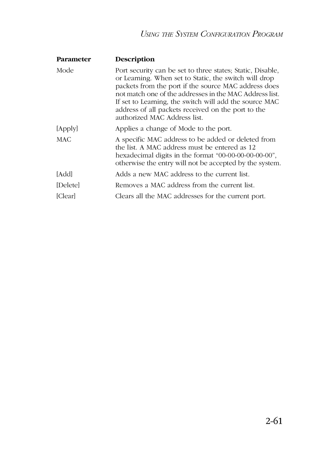 SMC Networks SMC6924VF manual 2-61, Parameter, Description 