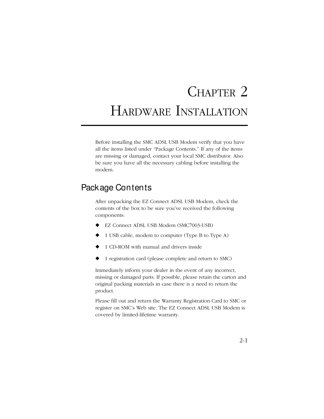 SMC Networks SMC7003-USB manual Hardware Installation, Package Contents 