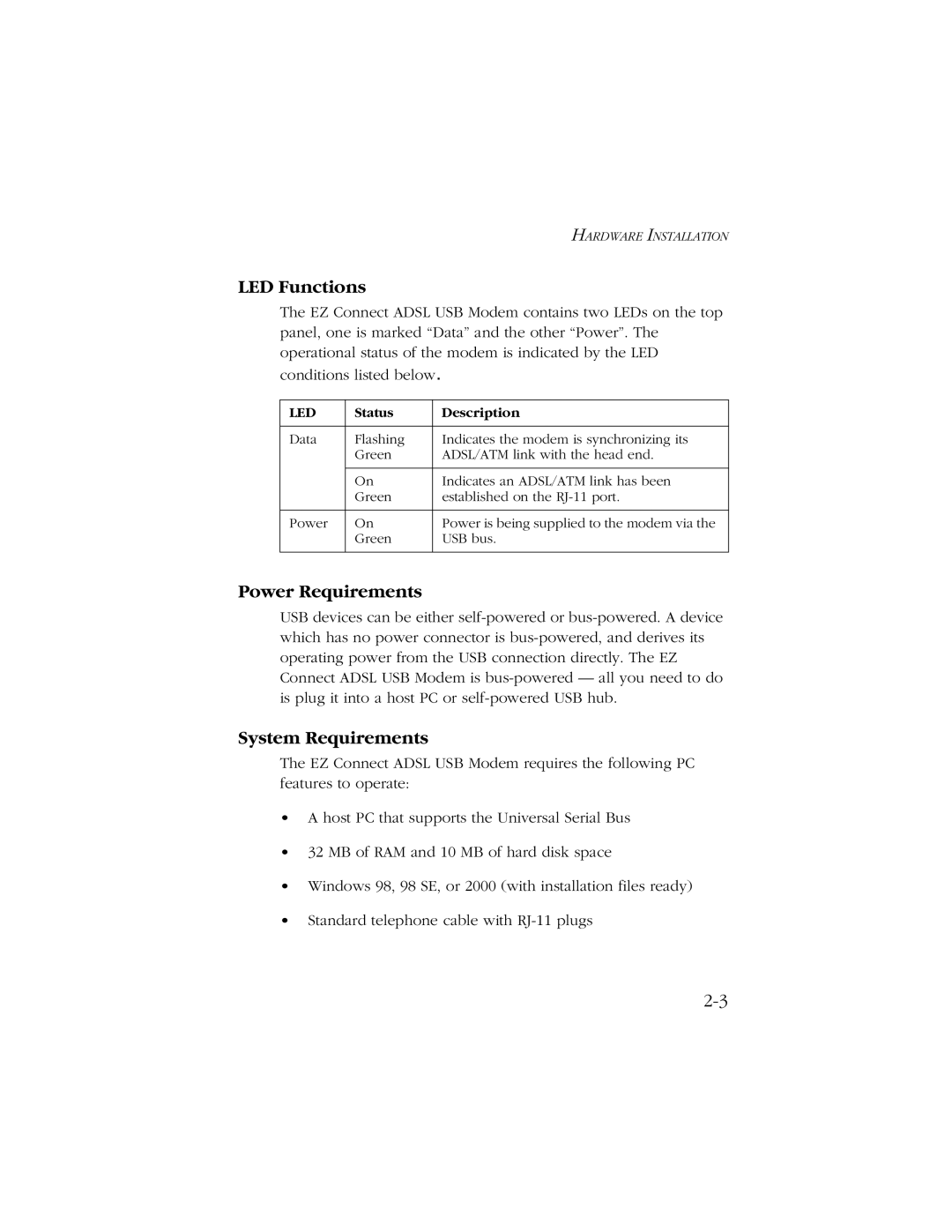 SMC Networks SMC7003-USB manual LED Functions, Power Requirements, System Requirements 