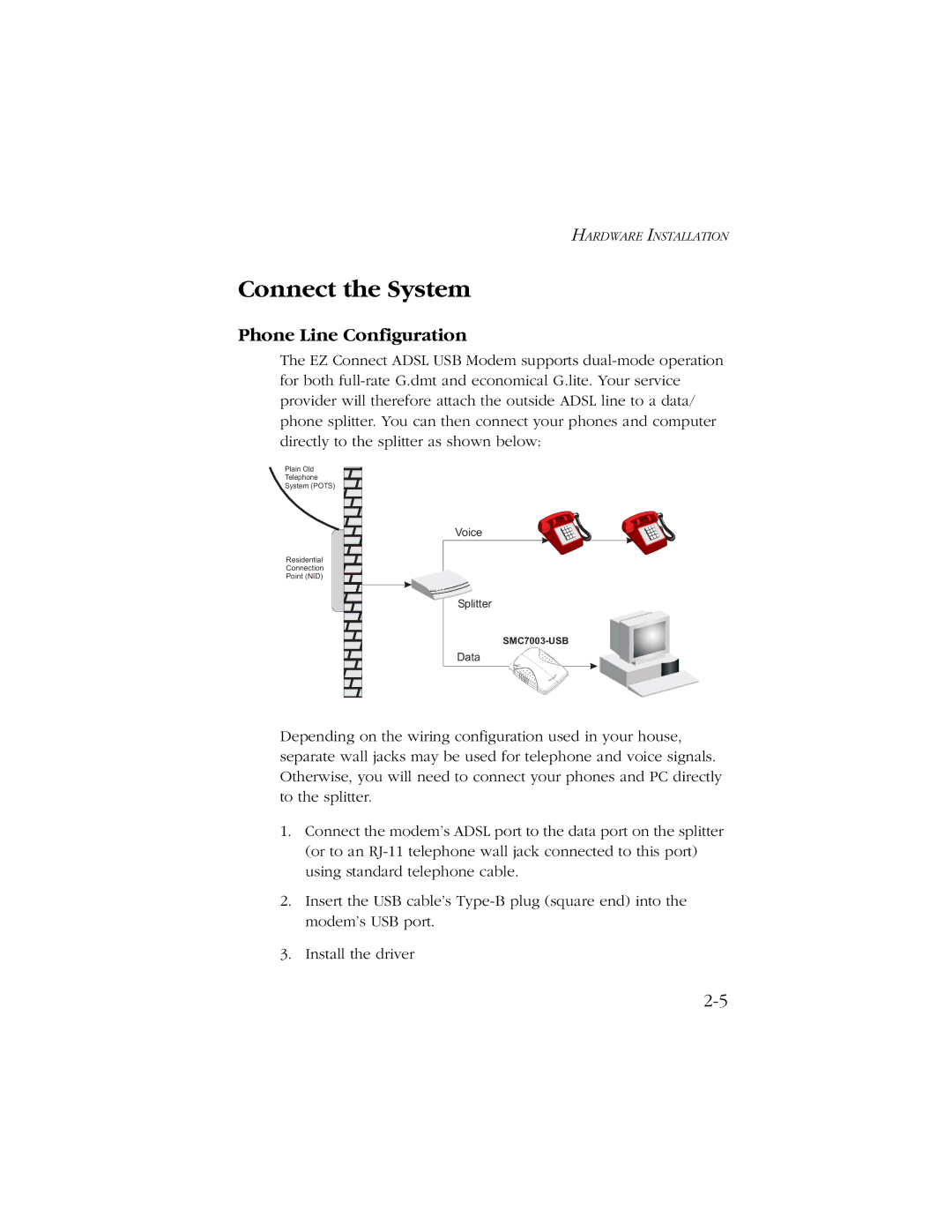 SMC Networks SMC7003-USB manual Connect the System, Phone Line Configuration 