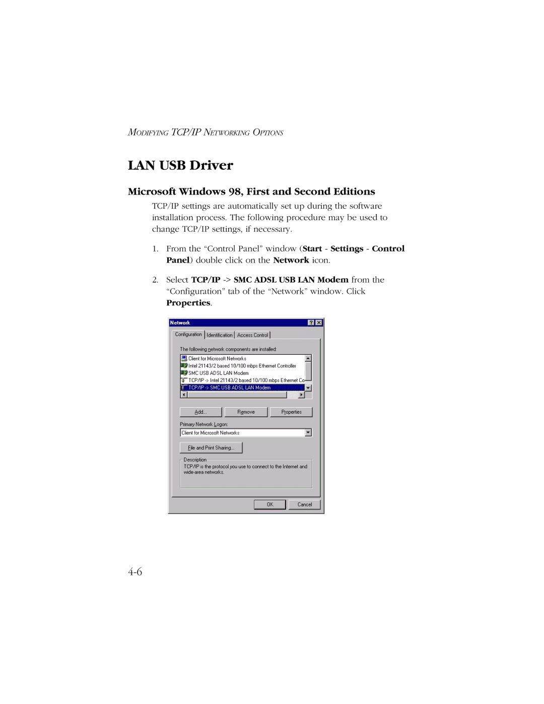 SMC Networks SMC7003-USB manual LAN USB Driver, Microsoft Windows 98, First and Second Editions 