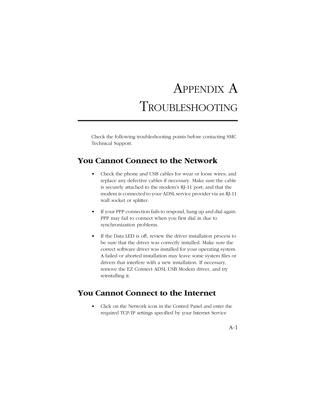 SMC Networks SMC7003-USB Appendix a Troubleshooting, You Cannot Connect to the Network, You Cannot Connect to the Internet 