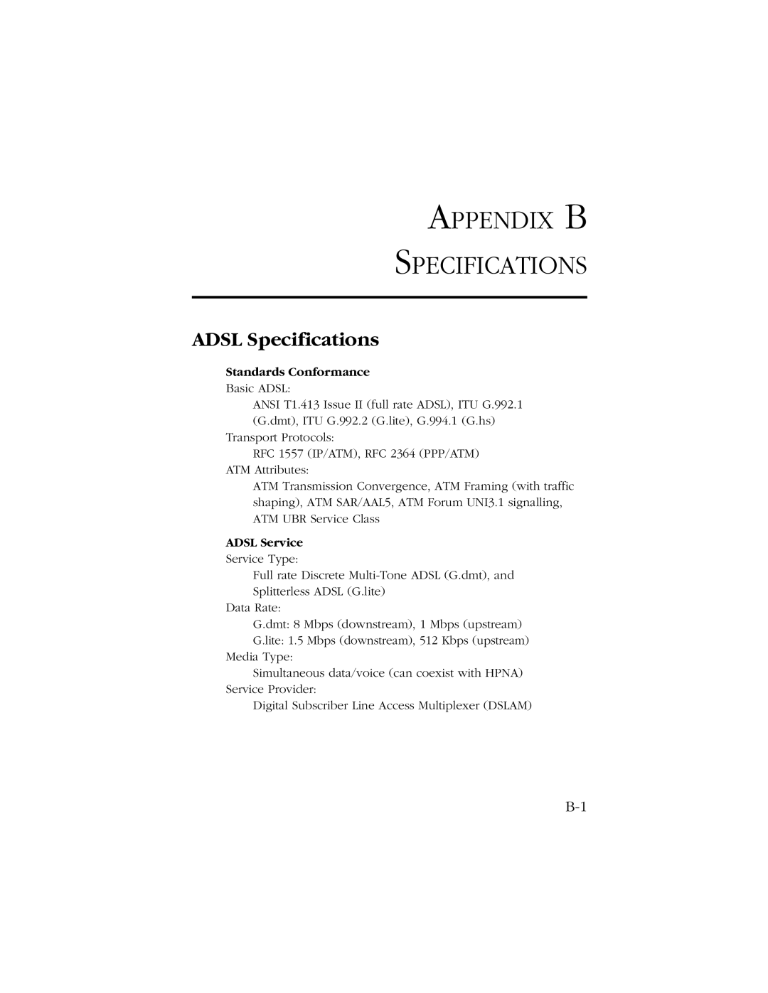 SMC Networks SMC7003-USB manual Appendix B Specifications, Adsl Specifications 