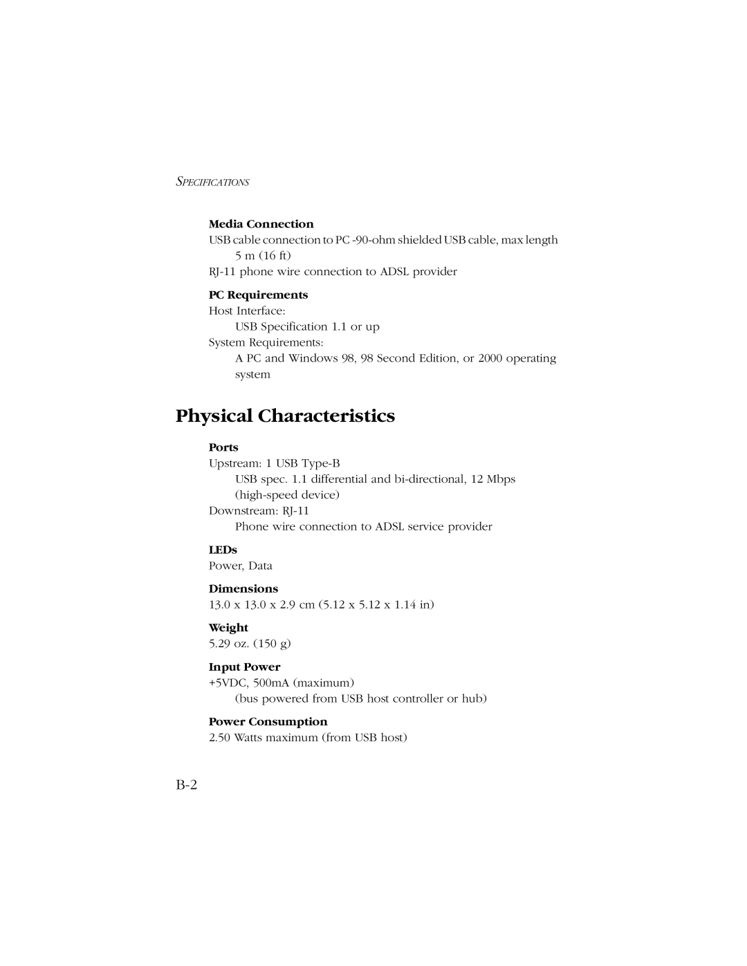 SMC Networks SMC7003-USB manual Physical Characteristics, Media Connection 