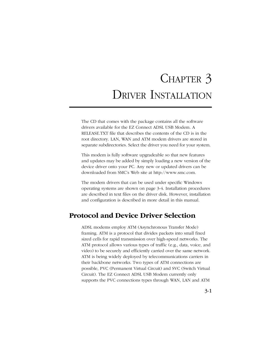 SMC Networks SMC7003-USB manual Chapter Driver Installation, Protocol and Device Driver Selection 