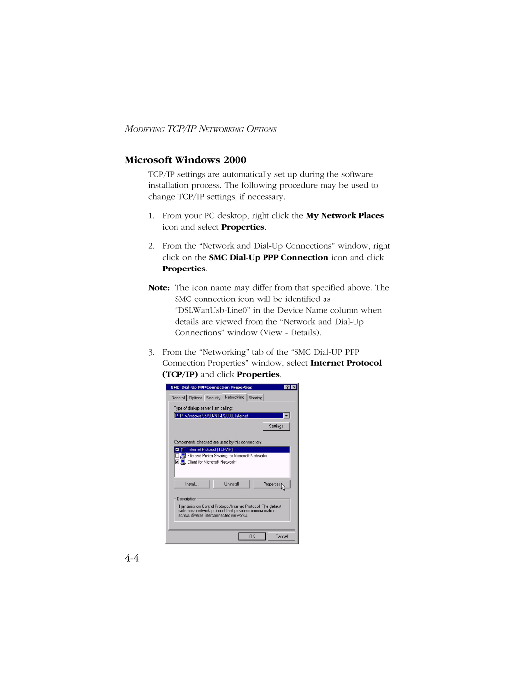 SMC Networks SMC7003-USB manual Microsoft Windows, Modifying Tcp/Ip Networking Options 