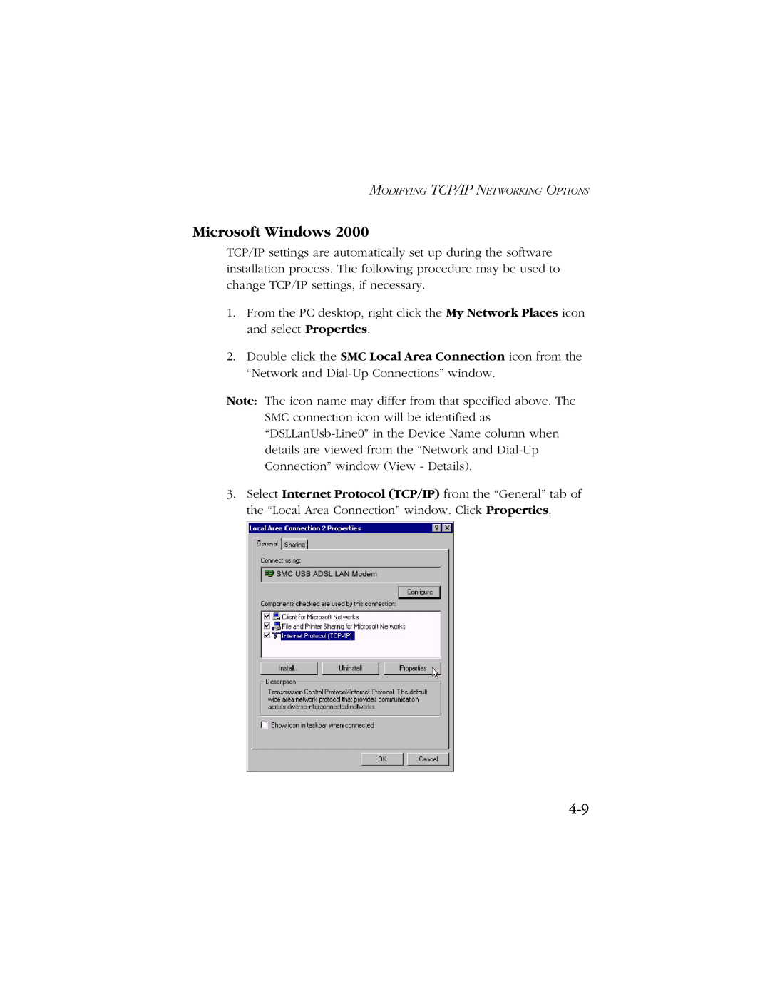 SMC Networks SMC7003-USB manual Microsoft Windows, Modifying Tcp/Ip Networking Options 