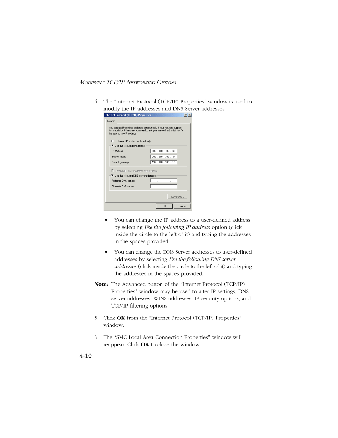 SMC Networks SMC7003-USB manual 4-10, Click OK from the “Internet Protocol TCP/IP Properties” window 