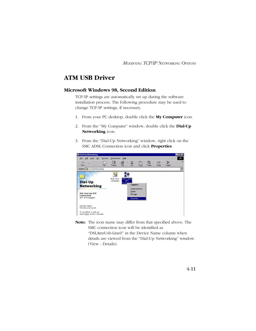 SMC Networks SMC7003-USB manual ATM USB Driver, 4-11, Microsoft Windows 98, Second Edition 