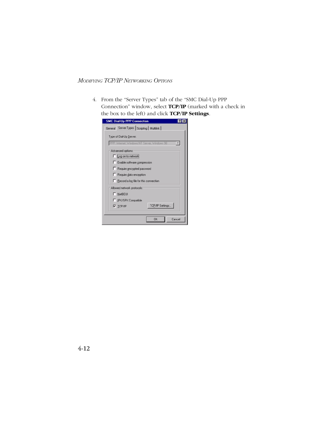 SMC Networks SMC7003-USB manual 4-12, Modifying Tcp/Ip Networking Options 