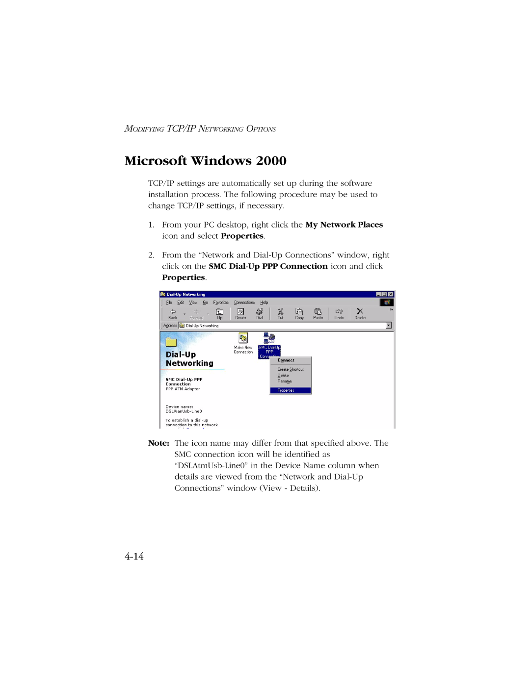 SMC Networks SMC7003-USB manual Microsoft Windows, 4-14, Modifying Tcp/Ip Networking Options 