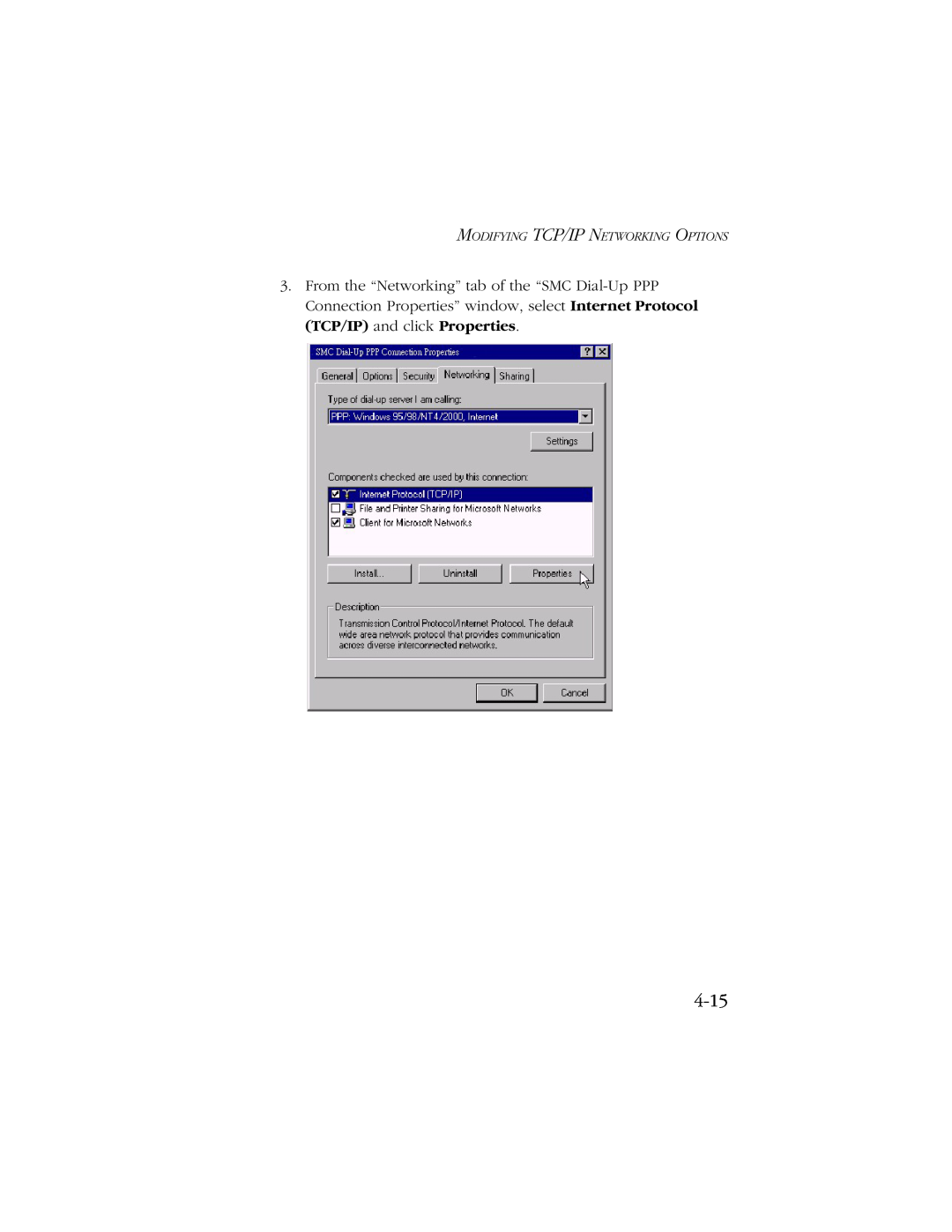SMC Networks SMC7003-USB manual 4-15, Modifying Tcp/Ip Networking Options 