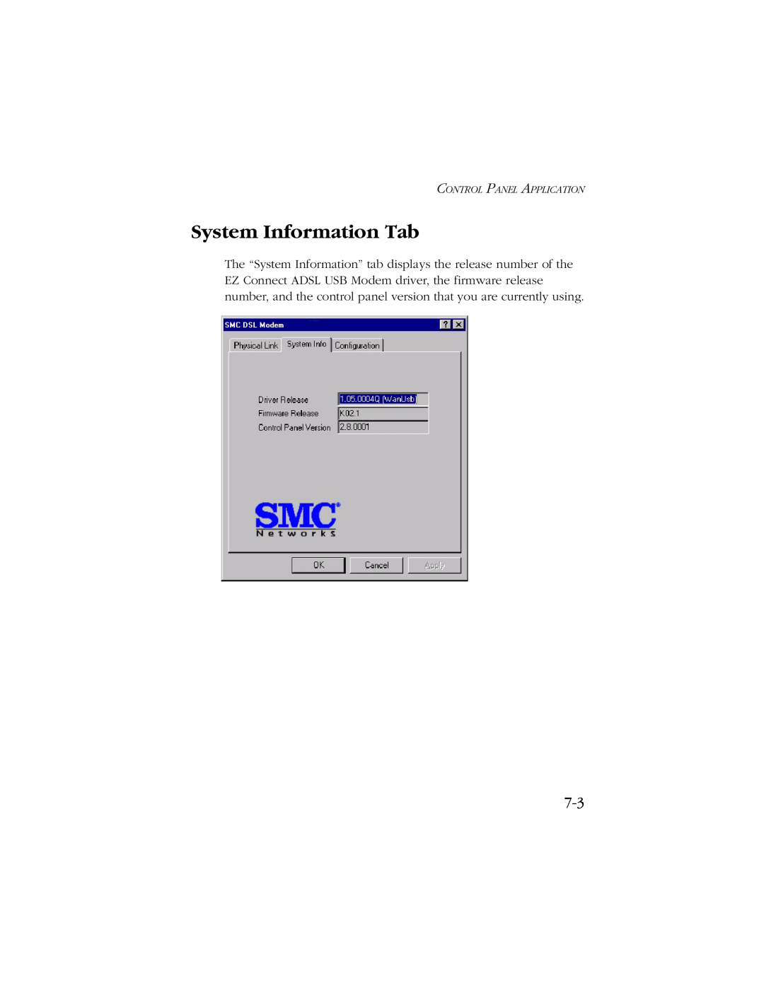 SMC Networks SMC7003-USB manual System Information Tab, Control Panel Application 