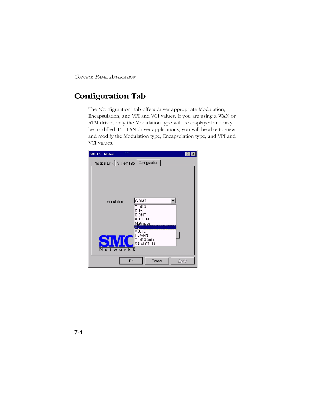 SMC Networks SMC7003-USB manual Configuration Tab, Control Panel Application 