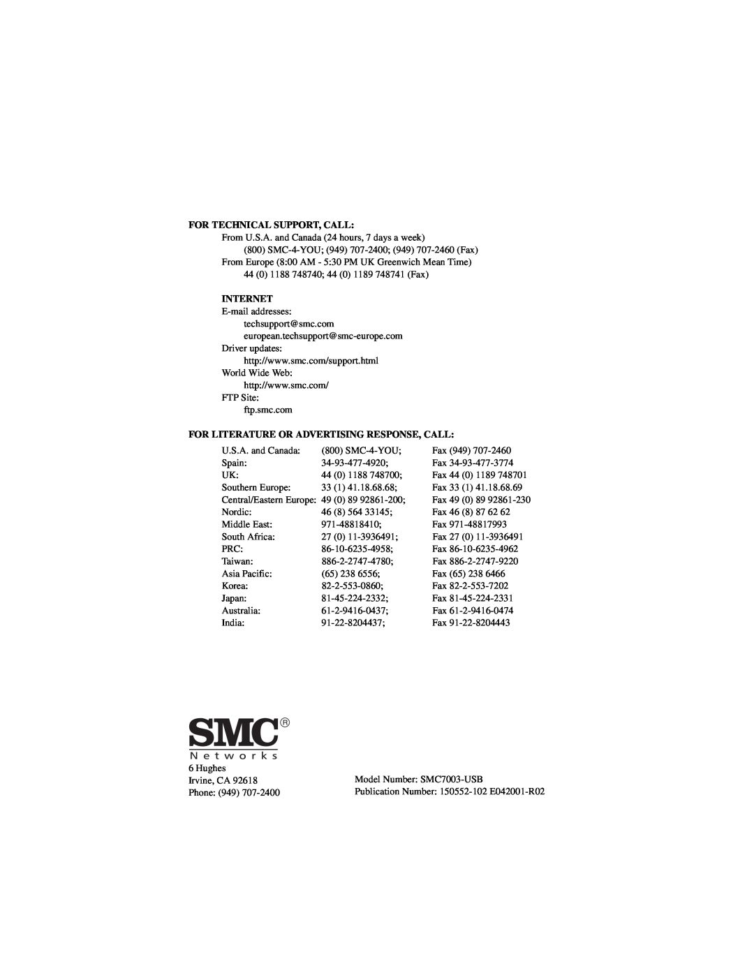SMC Networks SMC7003-USB manual For Technical Support, Call, Internet, For Literature Or Advertising Response, Call 