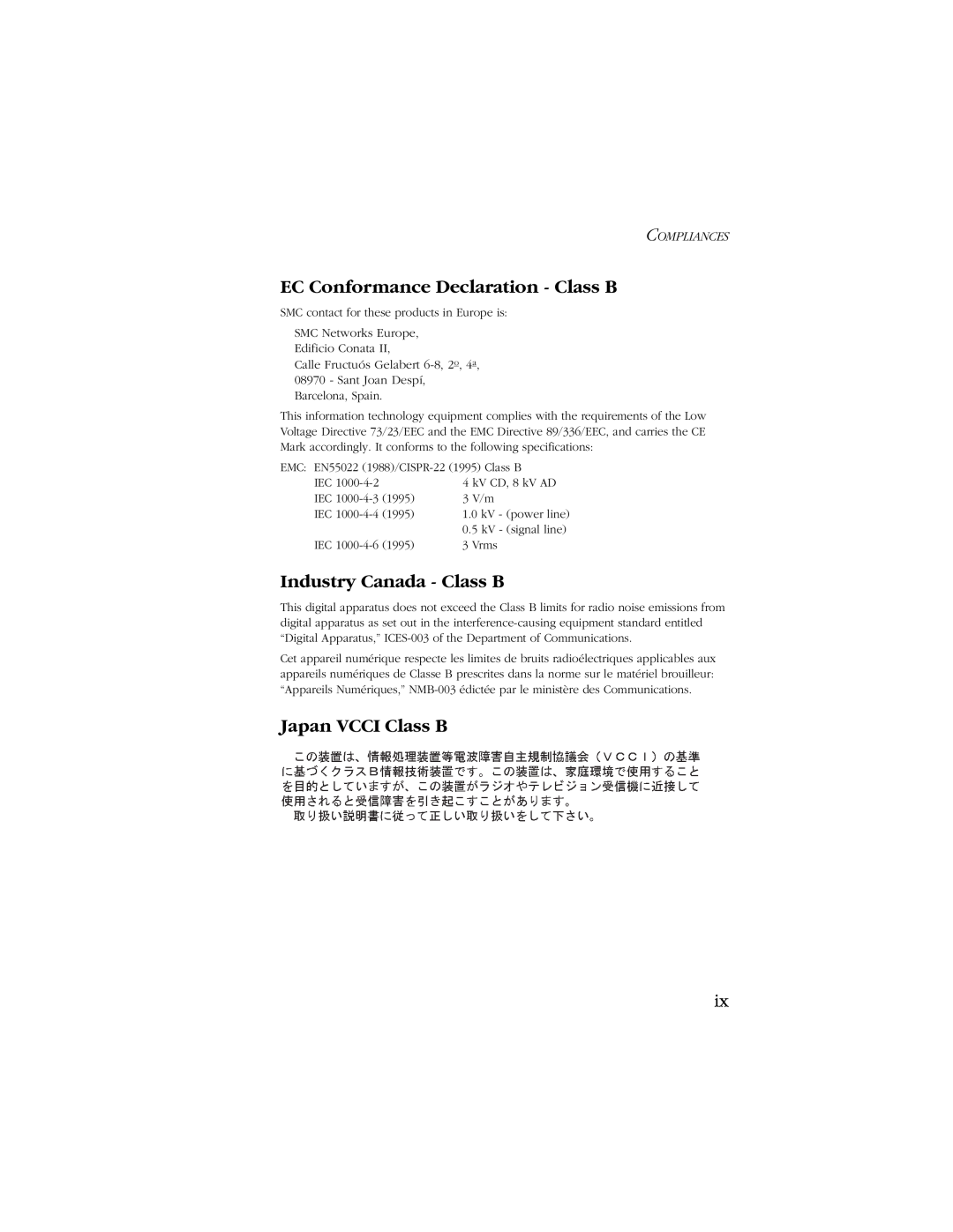 SMC Networks SMC7003-USB EC Conformance Declaration - Class B, Industry Canada - Class B, Japan VCCI Class B, Compliances 