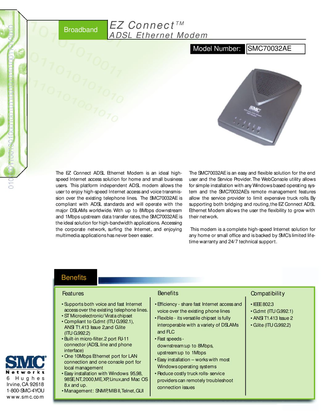 SMC Networks warranty EZ ConnectTM, Adsl Ethernet Modem, Broadband, Model Number SMC70032AE, Benefits 