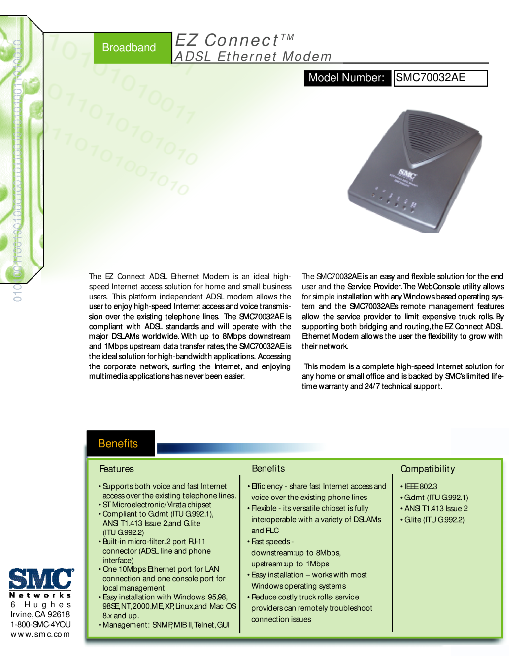 SMC Networks warranty EZ ConnectTM, ADSL Ethernet Modem, Broadband, Model Number SMC70032AE, Features, Benefits 
