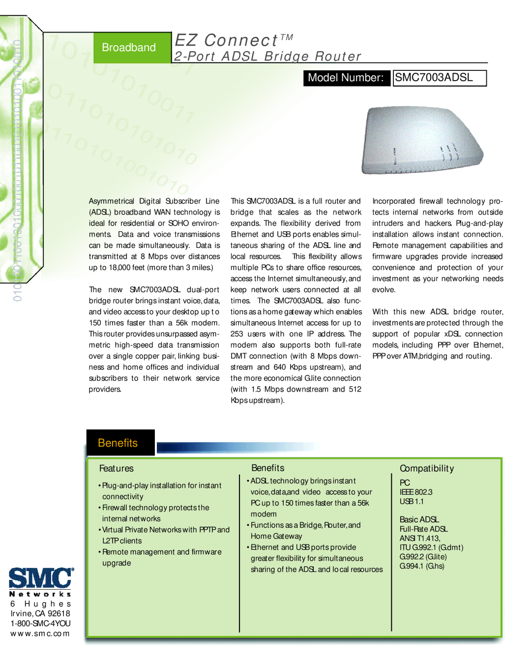 SMC Networks SMC7003ADSL manual EZ ConnectTM, Port Adsl Bridge Router, Benefits 