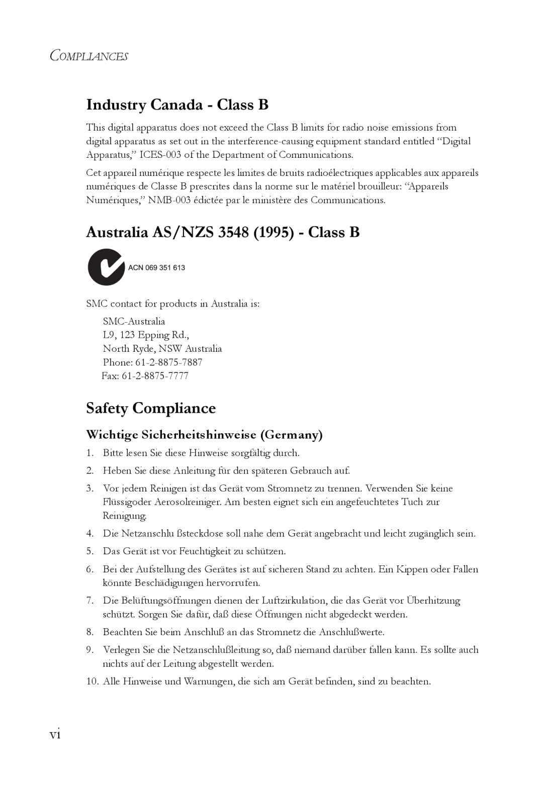 SMC Networks SMC7003USB V.2 manual Industry Canada Class B, Australia AS/NZS 3548 1995 Class B, Safety Compliance 