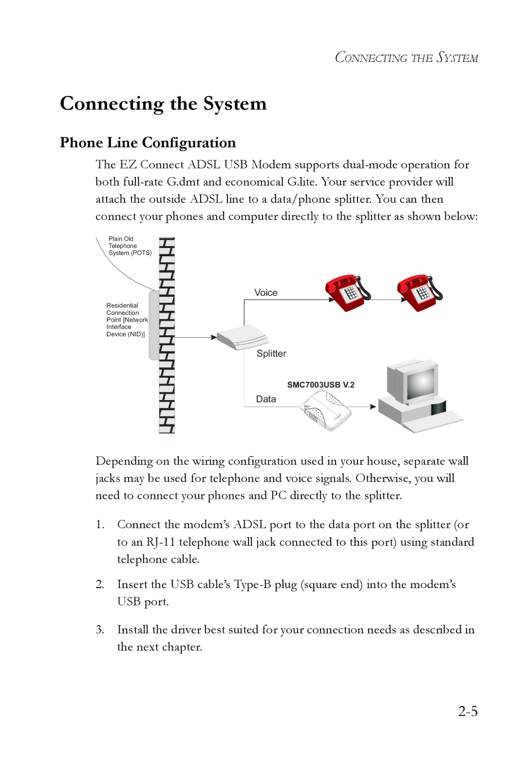 SMC Networks SMC7003USB V.2 manual Connecting the System, Phone Line Configuration 