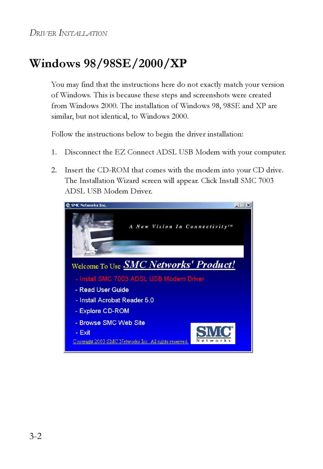 SMC Networks SMC7003USB V.2 manual Windows 98/98SE/2000/XP 