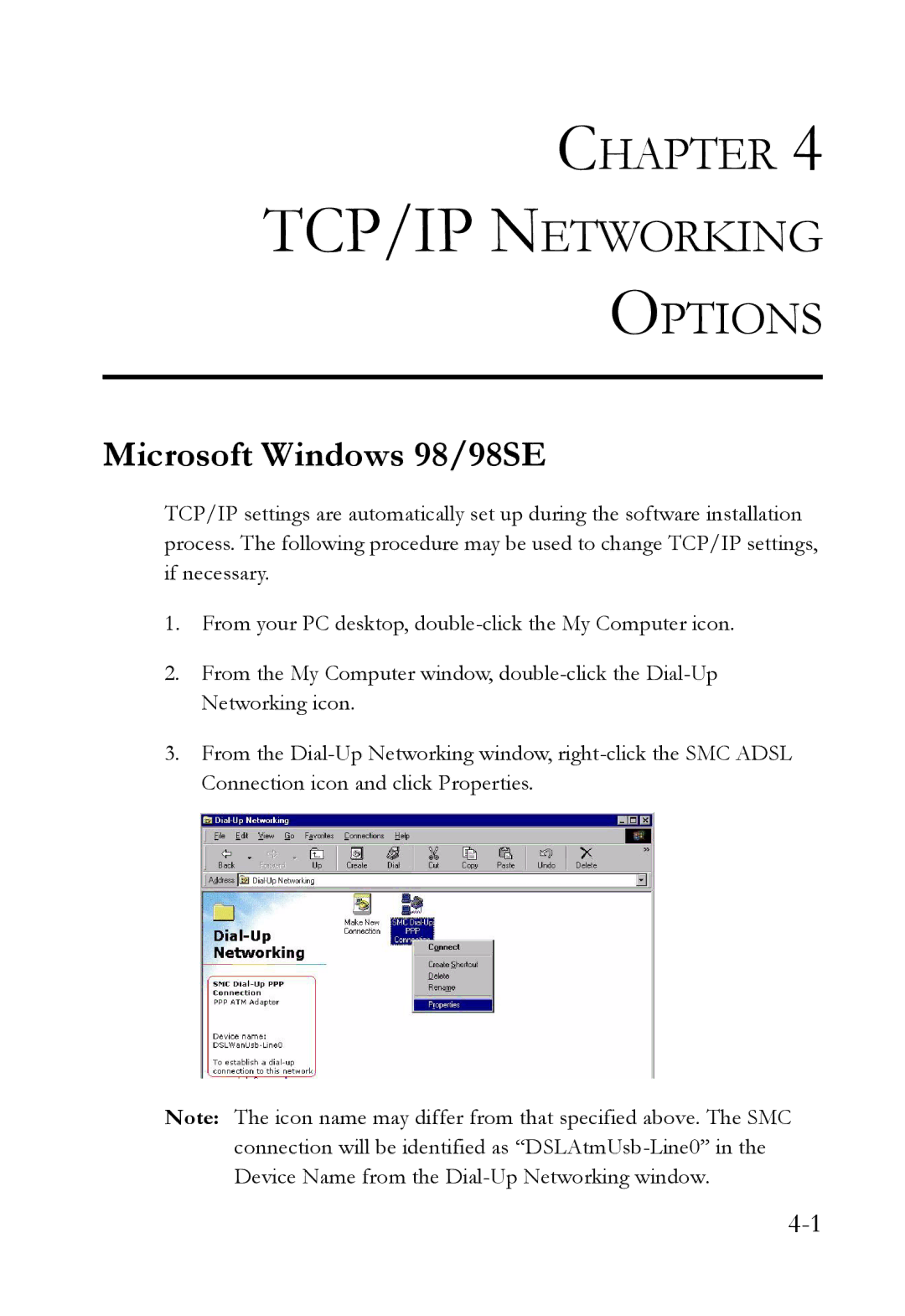 SMC Networks SMC7003USB V.2 manual Chapter TCP/IP Networking Options, Microsoft Windows 98/98SE 