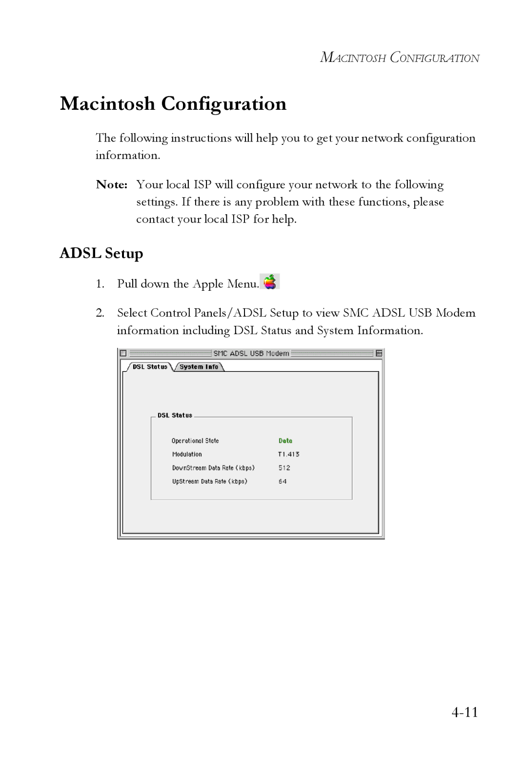 SMC Networks SMC7003USB V.2 manual Macintosh Configuration, Adsl Setup 