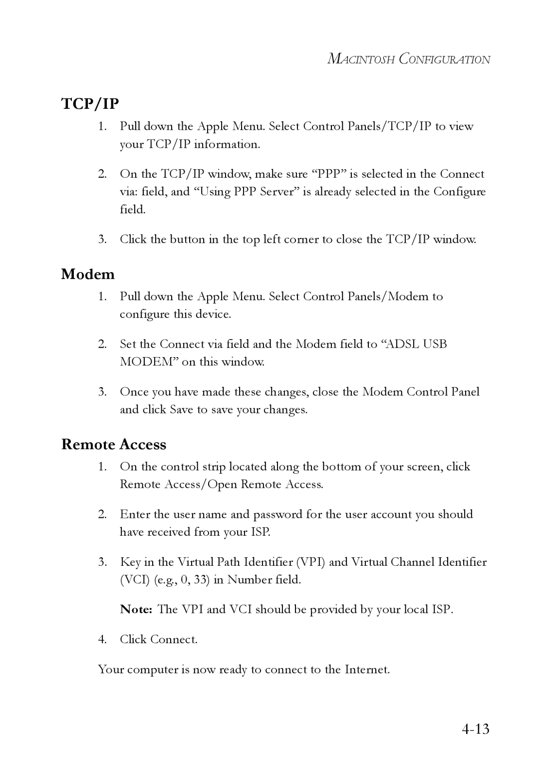 SMC Networks SMC7003USB V.2 manual Modem, Remote Access 