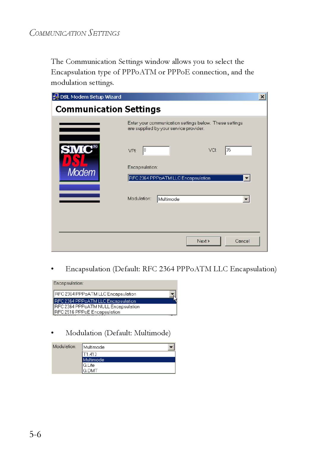 SMC Networks SMC7003USB V.2 manual Communication Settings 