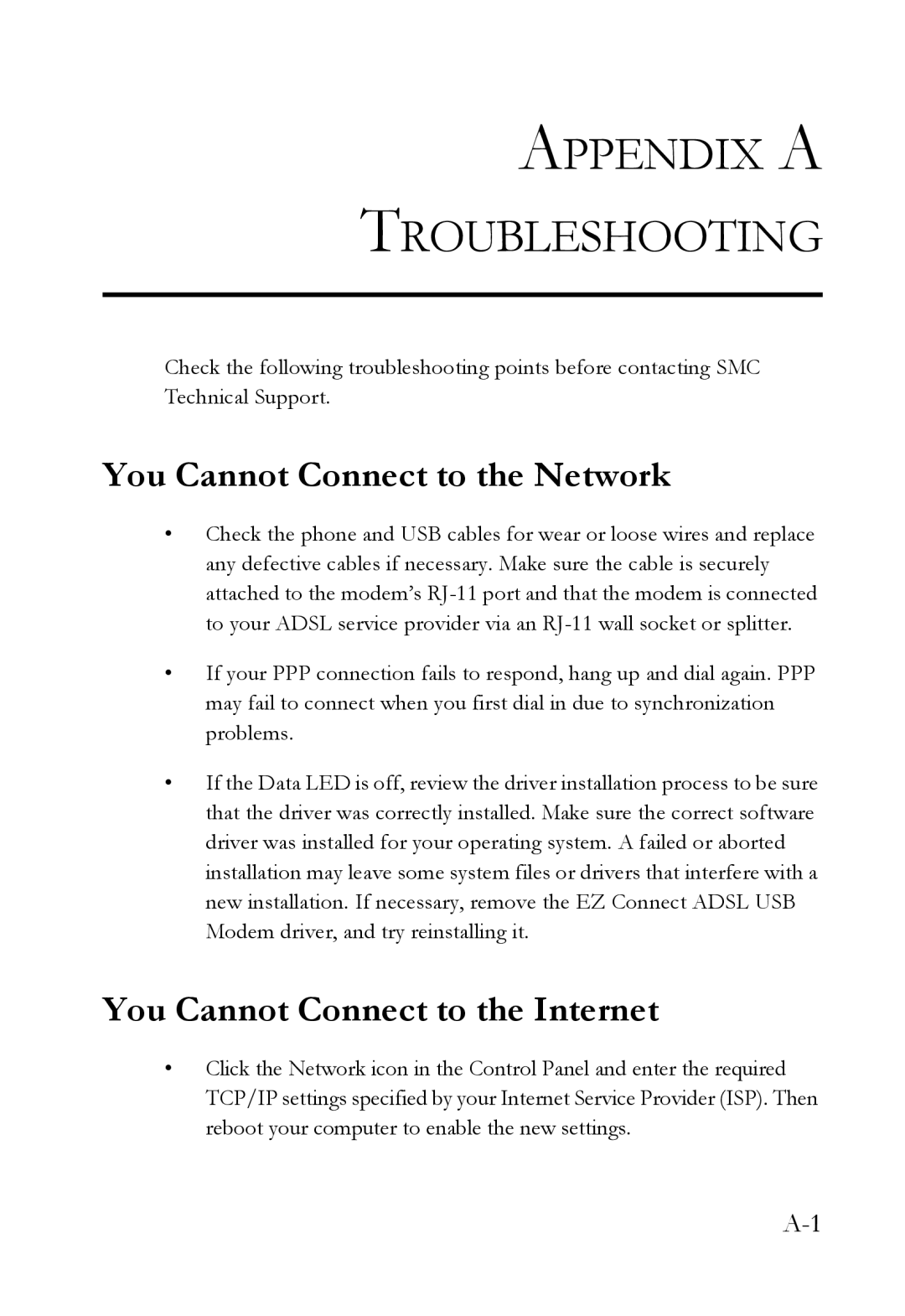 SMC Networks SMC7003USB V.2 manual Appendix a Troubleshooting, You Cannot Connect to the Network 