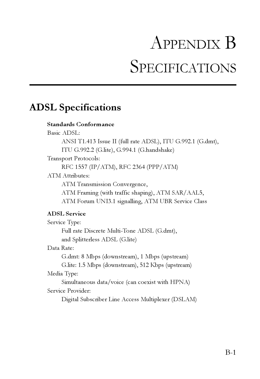 SMC Networks SMC7003USB V.2 manual Appendix B Specifications, Adsl Specifications, Standards Conformance, Adsl Service 