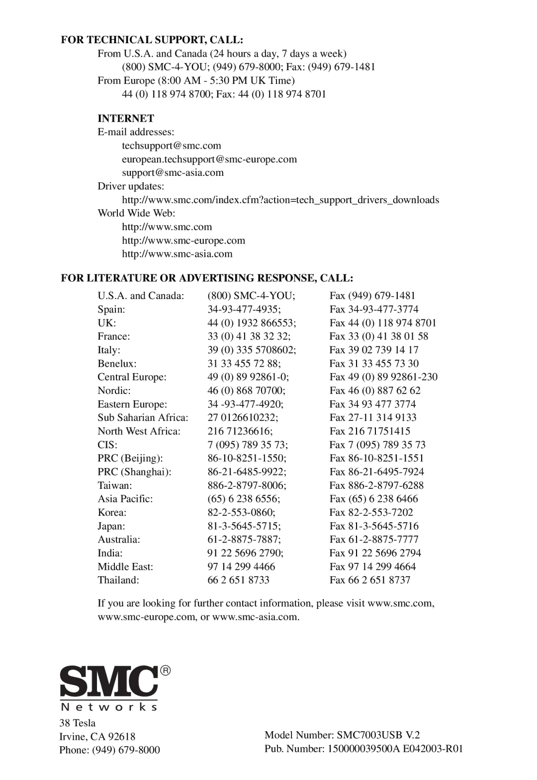 SMC Networks SMC7003USB V.2 manual For Technical SUPPORT, Call 