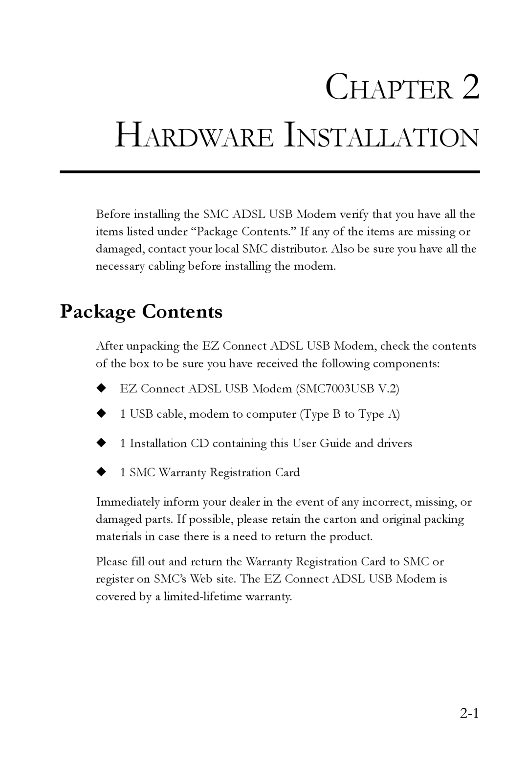 SMC Networks SMC7003USB manual Hardware Installation, Package Contents 