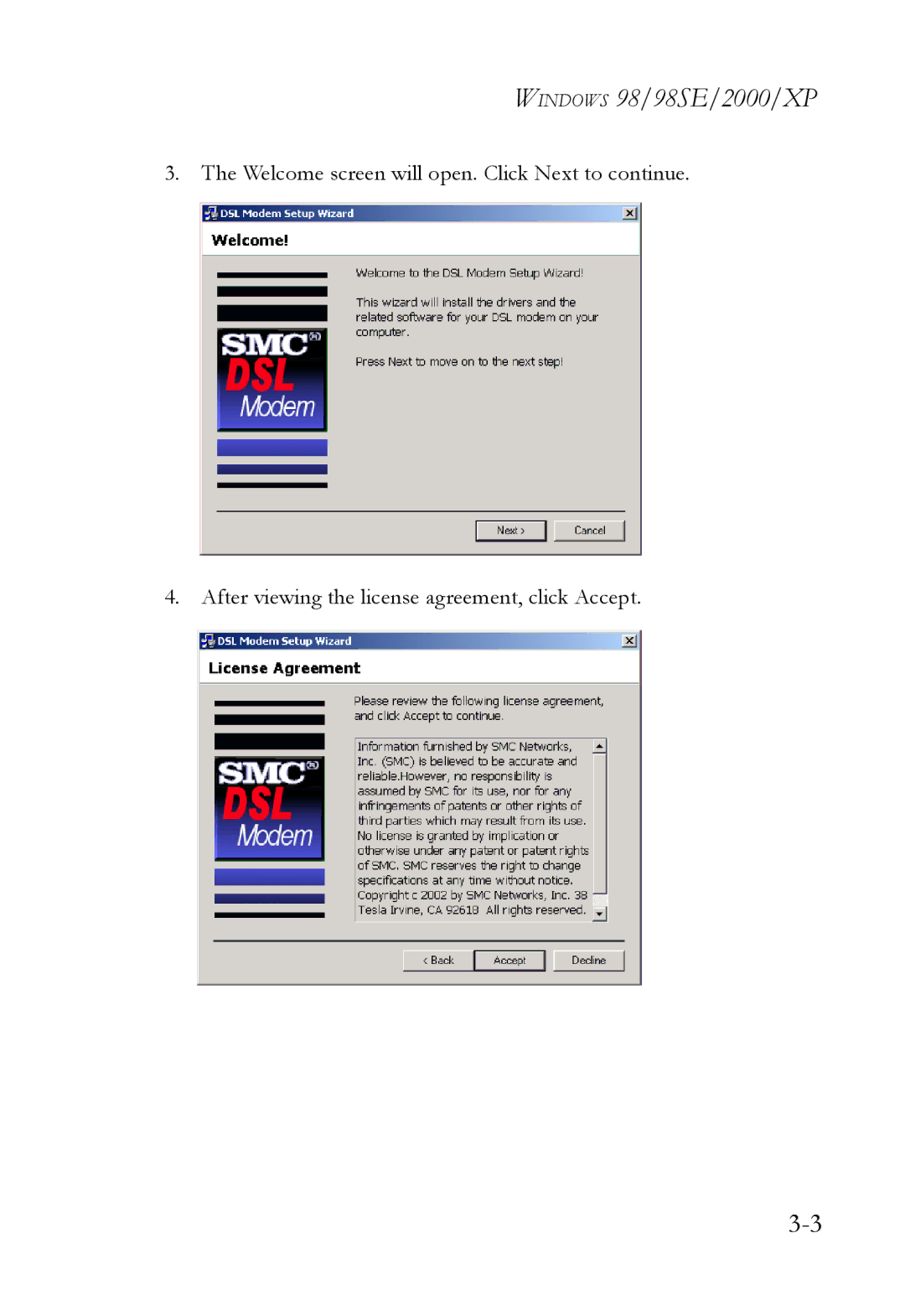 SMC Networks SMC7003USB manual Windows 98/98SE/2000/XP 