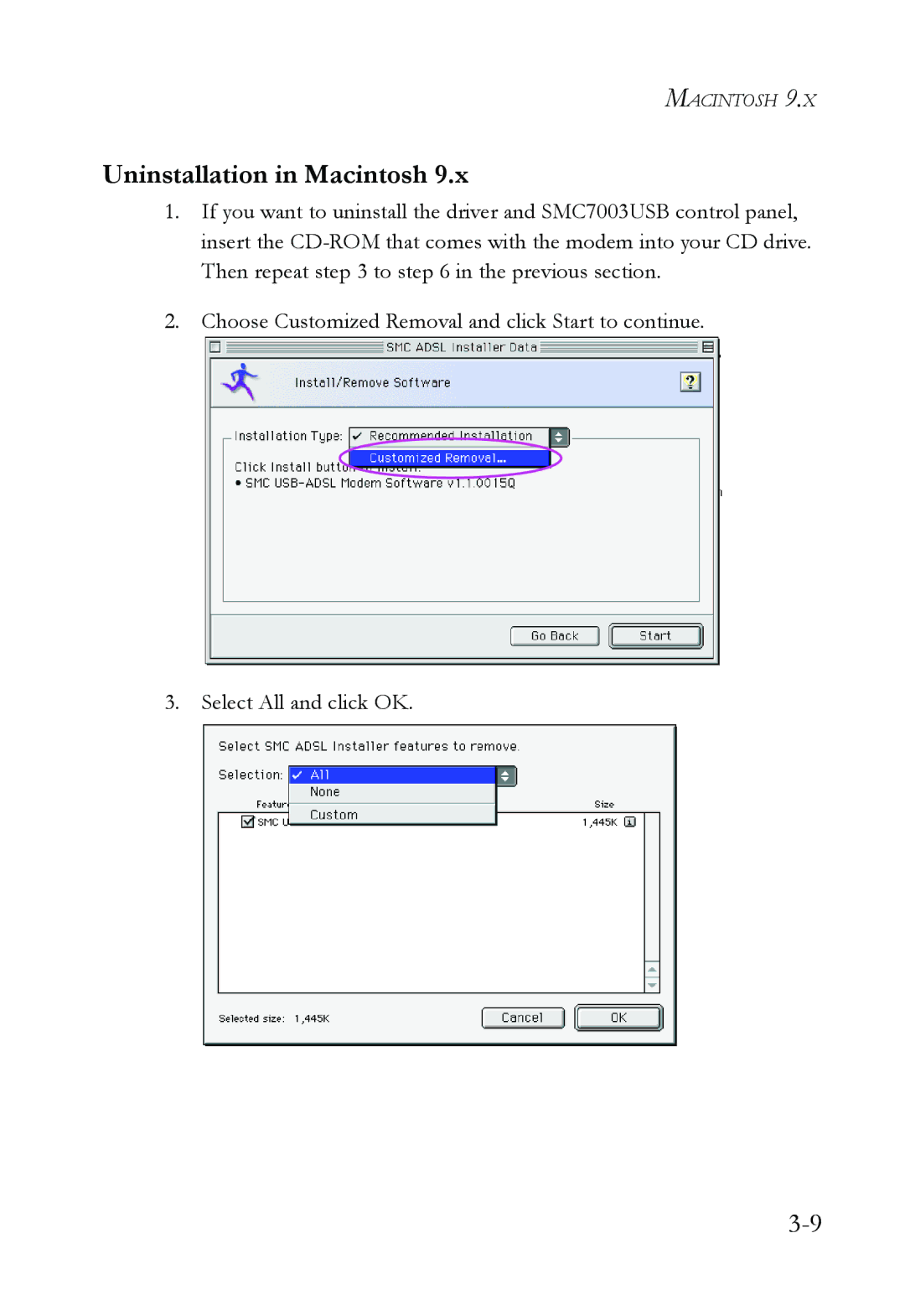 SMC Networks SMC7003USB manual Uninstallation in Macintosh 