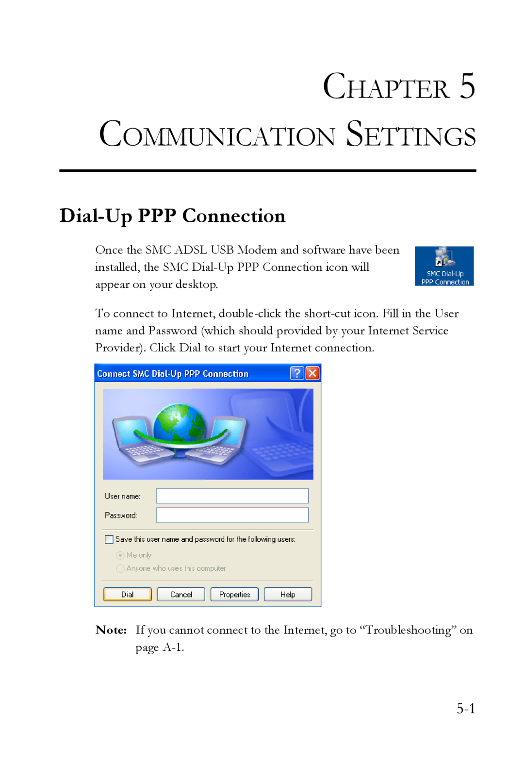 SMC Networks SMC7003USB manual Communication Settings, Dial-Up PPP Connection 