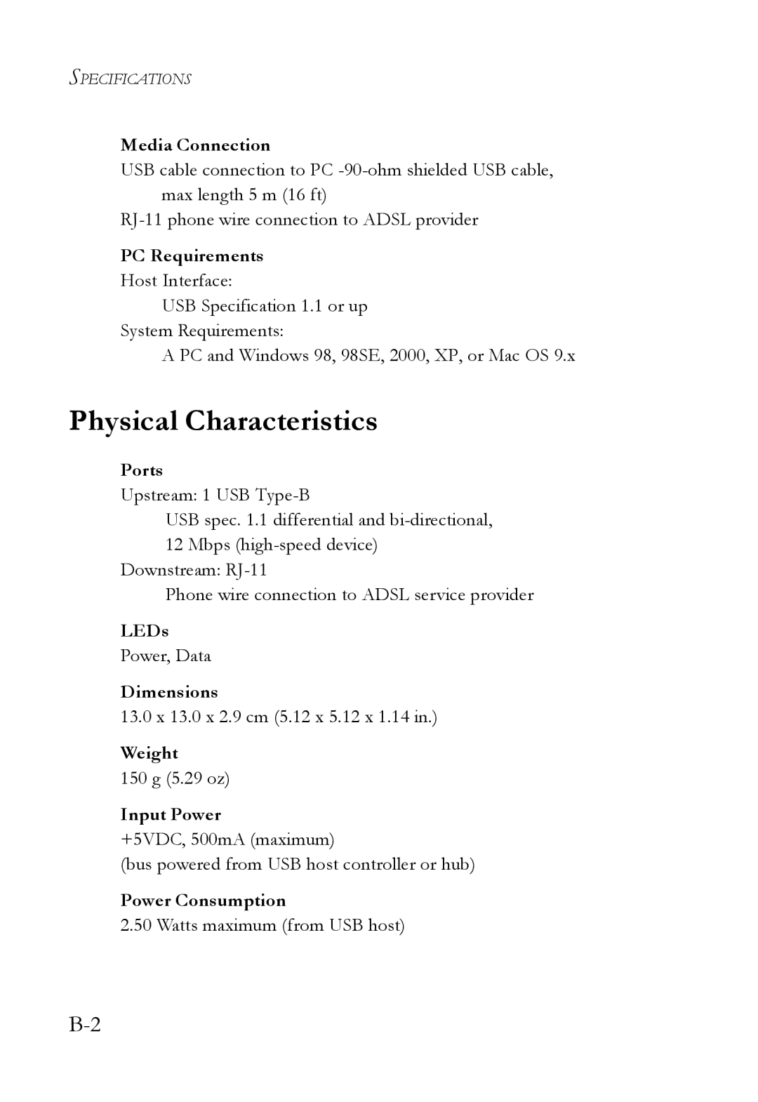 SMC Networks SMC7003USB manual Physical Characteristics 