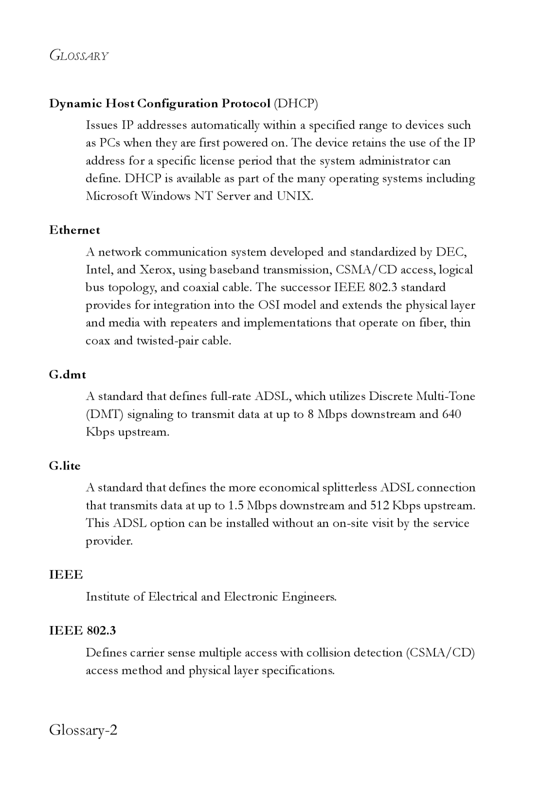 SMC Networks SMC7003USB manual Dynamic Host Configuration Protocol Dhcp, Ethernet, Dmt, Lite, Ieee 