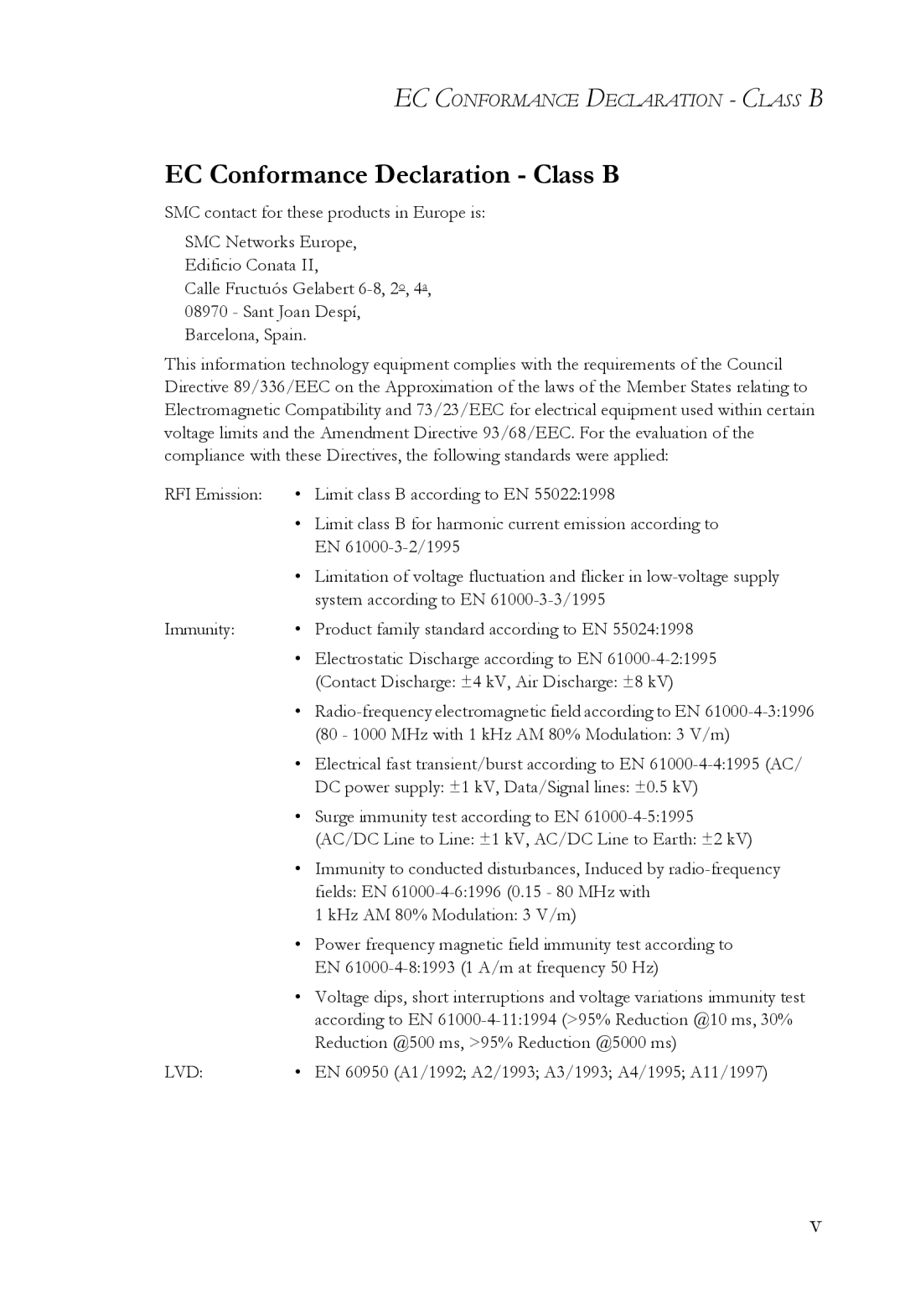 SMC Networks SMC7003USB manual EC Conformance Declaration Class B 